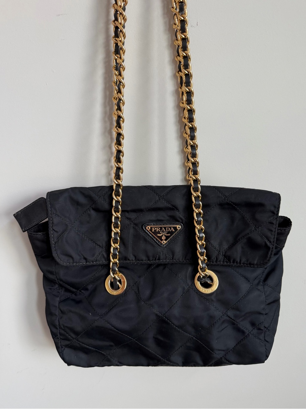 Prada Vintage black Nylon quilted Tessuto Gold chain Crossbody shoulder purse